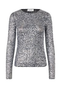 Long-sleeve silver sequined top with a round neckline. The fabric is covered in small, reflective sequins, creating a shimmering texture.