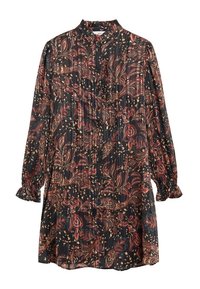 Blusa de manga larga en tejido oscuro con un patrón floral multicolor, con botones en la parte delantera y textura plisada. Mangas abullonadas con puños elásticos.