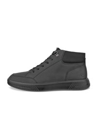 Black mid-top sneakers made of smooth synthetic material with a textured ankle area, featuring lace closure and rubber sole with grip patterns.