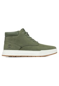 Green leather mid-top sneaker with round toe, textured finish, white rubber sole, and logo detail on the outer side.