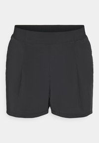 Calções atléticos pretos com uma textura suave, cintura elástica e pregas laterais para maior conforto. Sem bolsos ou detalhes de hardware visíveis.