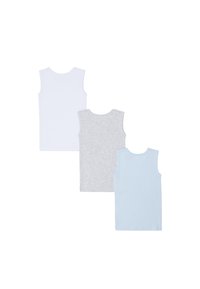 Drie tanktops in wit, grijs en lichtblauw. Katoenen materiaal, klassiek ontwerp, mouwloos met ronde halslijnen, soepele textuur.