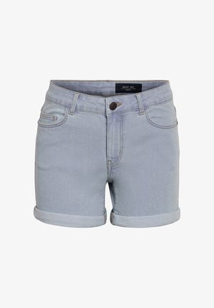 Heledad sinine teksade lühikesed püksid, mis on keeratud äärtega, sisaldavad viit taskut ja nuppude sulgemisega. Kangas on sileda tekstuuriga ja peente õmblusdetailidega.