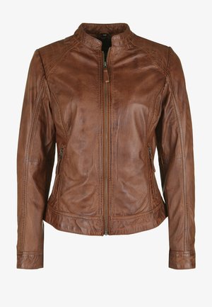 Braune Lederjacke mit Stehkragen, ausgestattet mit gerippten Akzenten, einem Frontreißverschluss und zwei seitlichen Reißverschlusstaschen. Glatte Textur.