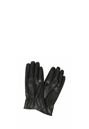 Une paire de gants en cuir noir avec des poignets froncés, présentée sur un fond blanc.