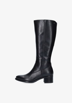 Stivale in pelle nera fino al ginocchio con texture liscia, punta arrotondata e tacco a blocco di altezza media. Presenta un dettaglio di cucitura laterale per un design aggiuntivo.