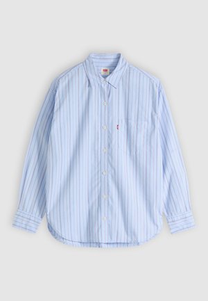 Light blue button-up shirt with vertical red stripes, a collar, long sleeves, and a chest pocket. Made of cotton, featuring a curved hem.
