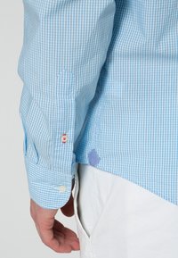 Hellblau-weißes Karobluse aus Baumwolle mit Knopfärmeln, die einen kontrastierenden blauen Akzent an den Ärmeln und ein kleines rotes Detail aufweist.