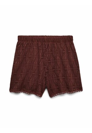 Bruine kanten shorts met geometrisch patroon, elastische tailleband en geschulpte zoom met kleine pompondetails, plat liggend op een witte achtergrond.
