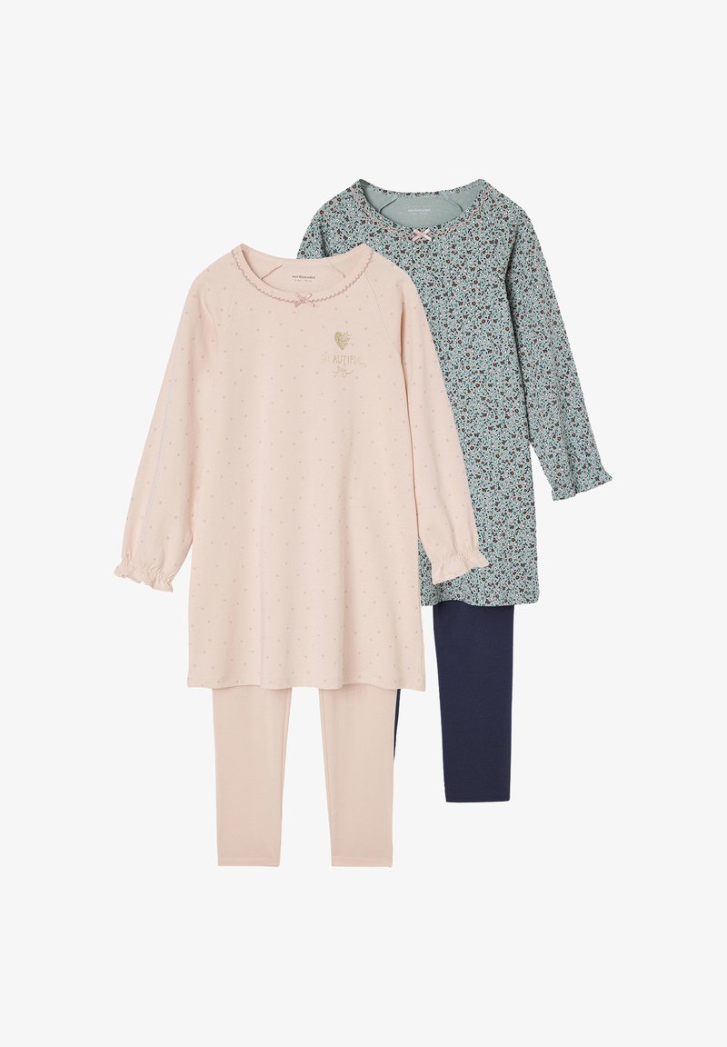 Two sets of children's pajamas: one pink with small dots and golden text, and one blue floral print. Includes matching solid color leggings.