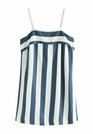 Šaty bez rukávov s tenkými ramienkami, s vertikálnymi námorníckymi a bielymi pruhmi a vodorovným pruhovaným volánom cez hruď.