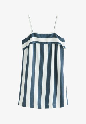 Rochie fără mâneci cu bretele subțiri, cu dungi verticale albastre închise și albe și o volan aplicat cu dungi orizontale pe piept.