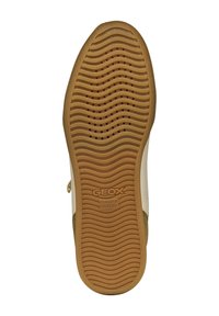 Suola in gomma color beige con un motivo ondulato, marcata "PATENTE ITALIANA GEOX", con accenti in camoscio bianco e verde sui lati.
