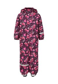 Pink vandtæt heldragt med blomstermønster og dyremønster, lange ærmer, reflekterende detaljer og elastiske manchetter.