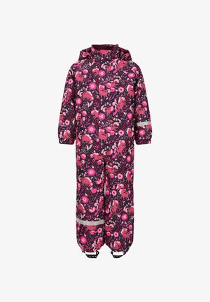 Różowy wodoodporny kombinezon z kwiatowym i zwierzęcym wzorem, z długimi rękawami, odblaskowymi akcentami i elastycznymi mankietami.