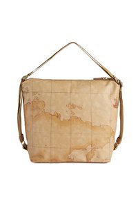Borsa in pelle beige con stampa di una mappa vintage, dotata di chiusura a zip e di una tracolla regolabile per un facile trasporto. Texture liscia, forma quadrata.