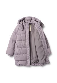 Lyse lavendel puffjakke med aftagelig hætte, quiltet design, to forlommer og elastiske manchetter. Åbent indre viser blødt foer.