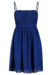Šaty s tenkými ramínky v tmavě modré barvě, s přiléhavým živůtkem a sklady, a s volnou sukní. Vyrobené z lehkého, hladkého materiálu.
