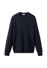 Schwarzer gerippter Strickpullover mit langen Ärmeln, Rundhalsausschnitt, lässiger Passform und eng anliegenden Bündchen.