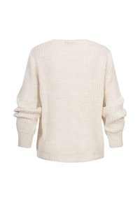 Sweter dzianinowy w kolorze kremowym z długimi rękawami i ściągaczami, pokazany z tyłu na białym tle.