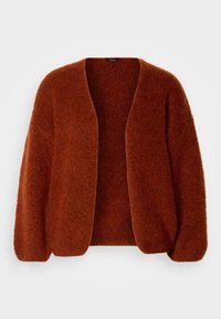 Oprustning i rustfarvede, oversized cardigan lavet af et blødt, tekstureret strikket stof. Åben frontdesign og let puffede ærmer, ingen lukninger.