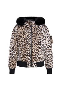 Giacca a vento con design a stampa leopardata nei toni del beige e marrone. Cappuccio rifinito in pelliccia nera, tasca laterale con zip e polsini a coste.