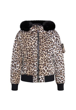 Puffer jacket featuring a leopard print design with shades of beige and brown. Black fur-trimmed hood, zippered side pocket, and ribbed cuffs.