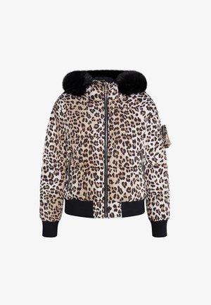 Puffer jacket featuring a leopard print design with shades of beige and brown. Black fur-trimmed hood, zippered side pocket, and ribbed cuffs.