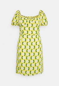 Vestido amarelo com padrão floral em branco e verde. Apresenta mangas bufantes, decote quadrado e cintura ajustada para uma silhueta estruturada.
