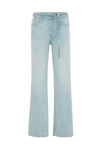 Jeans a gamba larga azzurri, realizzati in denim, con vita alta e cintura annodata, con lievi scoloriture e dettagli classici delle tasche.