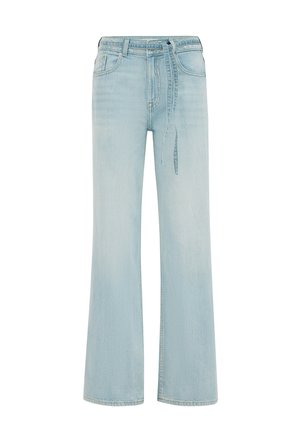 Lichtblauwe wijde jeans van denim, met een hoge taille en een gebonden ceintuur, voorzien van subtiele vervaging en klassieke zakdetails.