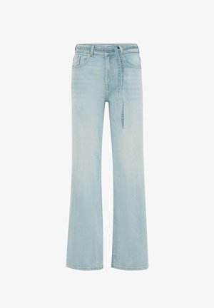 Lichtblauwe wijde jeans van denim, met een hoge taille en een gebonden ceintuur, voorzien van subtiele vervaging en klassieke zakdetails.