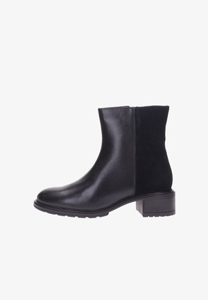 Black ankle boots featuring a smooth leather finish and a suede panel, a round toe, and a low block heel with a rubber sole.