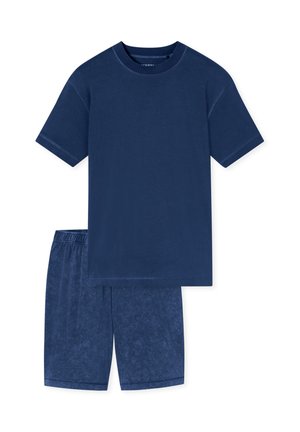 Marineblaues Baumwoll-T-Shirt- und Shorts-Set. Das T-Shirt hat einen Rundhalsausschnitt und kurze Ärmel, die Shorts verfügen über einen elastischen Bund. Einheitliche Textur.