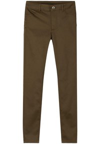 Pantalones ajustados de algodón elástico marrón con cinco bolsillos, cierre de botón y detalles de costura en contraste. Textura suave con un ligero brillo.