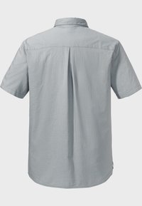 Kurzarmhemd aus hellgrauem Stoff mit subtiler Textur, ausgestattet mit einem Button-Down-Kragen und einem Rückenfalten für zusätzliche Bewegungsfreiheit.