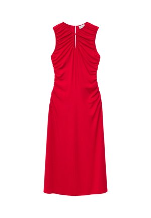 Červené midi šaty bez rukávov s nariasenými detailmi na výstrihu a bokoch, s otvorom v tvare kľúčovej dierky v prednom golieri.