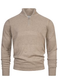 Beige ullstickad tröja med kvartszipskrage, med strukturerade mönster och ribbade muddar. Slät finish med horisontell randig design.