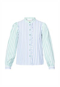 Stribet skjorte med lyseblå og grønne lodrette striber, der har en flæse foran, høj krave og lange pufferede ærmer.