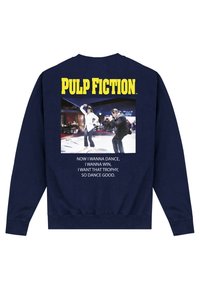 Navyblauwe sweatshirt met een vooraanstaand grafisch ontwerp van de titel "PULP FICTION" en een dansscène, met daaronder witte tekst die verwijst naar dansen en winnen.