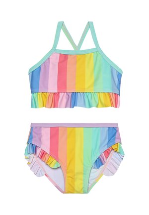 Dwuczęściowy strój kąpielowy z wzorem w pastelowe paski w kolorach tęczy. Falbanki zdobią górę i dół. Wykonany z gładkiej tkaniny.