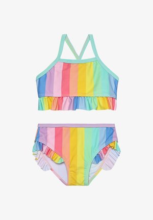 Maillot de bain deux pièces avec un motif à rayures arc-en-ciel aux couleurs pastel. Détails volantés sur le haut et le bas. Fabriqué en tissu lisse.
