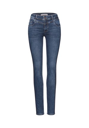 Tmavě modré slim-fit dámské džíny s předním knoflíkem, zipem, poutky na opasek a designem pěti kapes na bílém pozadí.