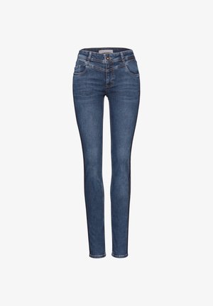Dunkelblaue Slim-Fit-Denimjeans für Damen mit Frontknopf, Reißverschluss, Gürtelschlaufen und Fünf-Taschen-Design auf weißem Hintergrund.