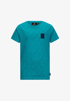 T-shirt z krótkim rękawem w kolorze teal, wykonany z bawełny, z wzorzystą teksturą w geometryczne wzory oraz małą ciemnoniebieską kieszonką na lewej piersi.