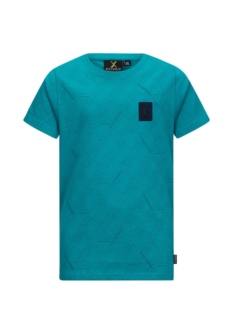 T-shirt z krótkim rękawem w kolorze teal, wykonany z bawełny, z wzorzystą teksturą w geometryczne wzory oraz małą ciemnoniebieską kieszonką na lewej piersi.