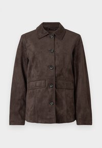 Brown suede jacket with a collared neckline, front button closure, and two side pockets. Features a smooth texture and classic fit.