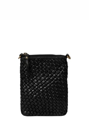 Sac en cuir tissé noir avec fermeture éclair, présentant une surface texturée et un accent en doré sur la tirette de la fermeture.