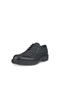 Zwarte leren schoen met een gestructureerde bovenkant, brogue-details, ronde neus en vetersluiting. Heeft een dikke rubberen zool voor duurzaamheid.