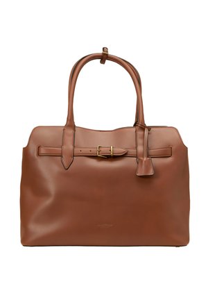 Braune Leder-Tote mit zwei oberen Griffen, Schnallenakzent, glatter Textur und minimalistischem Design. Enthält ein Logo in der Nähe des Bodens.